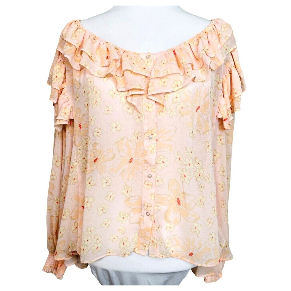 Free People Peach Pink Floral Boho Ruffle Shirt Size Small